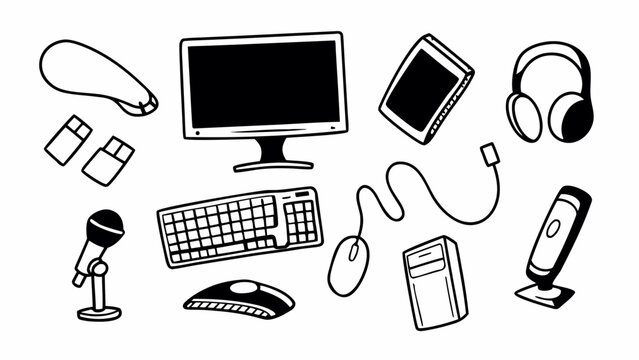 Hand drawn vector doodle set of 10 computer accessories scalable eps icon