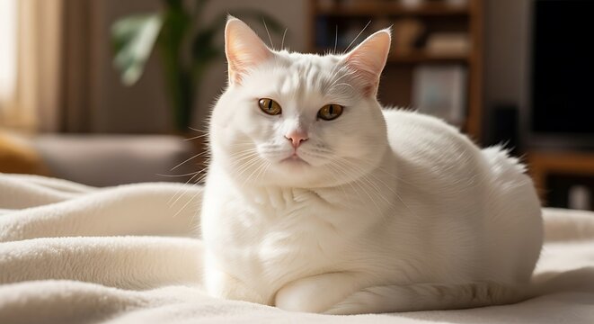 A serene white cat with amber eyes rests on a soft blanket indoors - Powered by Adobe