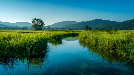 Lush green wetland vegetation borders a serene body of water against a backdrop of distant rolling hills.