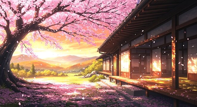 Serene japanese landscape with cherry blossoms and traditional architecture