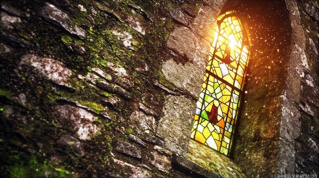 A close-up view of a colorful stained glass window set into a weathered stone wall covered in moss. Sunlight streams through the glass, illuminating dust partic