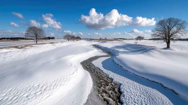 A serene winter landscape featuring a partially frozen river flowing through snow-covered fields, with solitary bare trees dotting the horizon under a bright bl