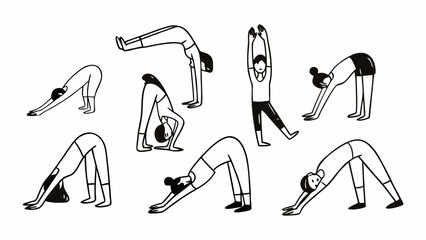 Hand-drawn doodle set of 10 flexibility exercises yoga stretches vector illustration