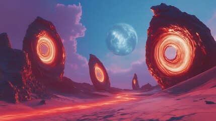 captivating alien landscape features glowing rock portals and an incandescent river under a vibrant blue moon, ideal for sci-fi and fantasy designs