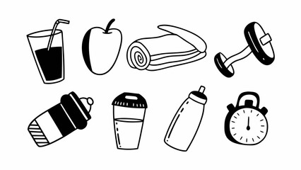 Naklejka premium Doodle set of 10 gym water and nutrition moments vector illustration icons