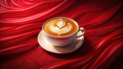 Rich aroma of freshly brewed latte art on a vibrant red velvet background, inviting warmth and comfort
