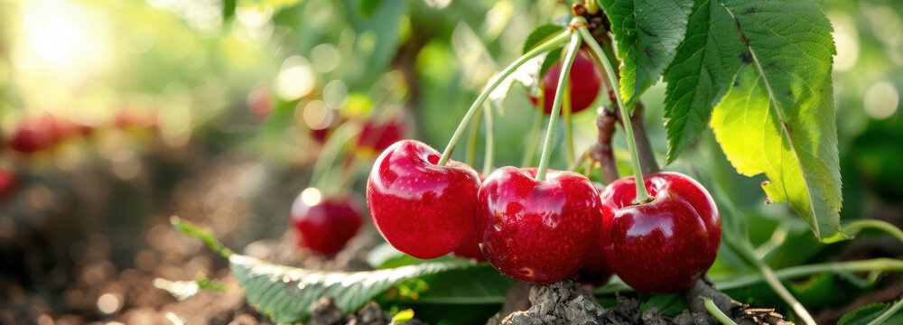 Ripe Cherries on the Branch: A close-up showcases vibrant, succulent cherries hanging on a branch amidst green leaves, bathed in warm sunlight, evoking freshness and the bounty of nature.
