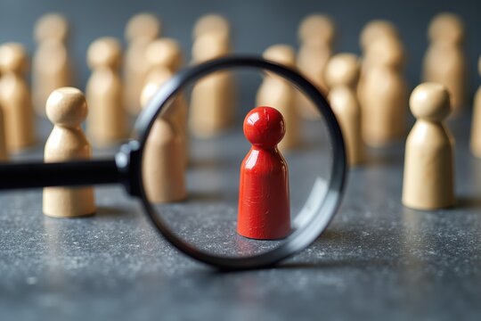 Magnifying glass highlights one red figure among many wooden ones, symbolizing selection or focus in a crowd.