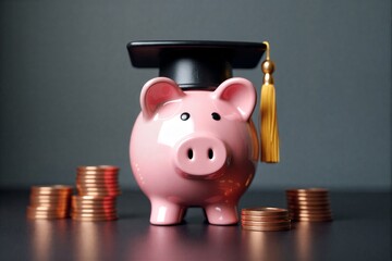 Pink piggy bank wears graduation cap, surrounded by coin stackssymbolizing education savings and financial preparedness.