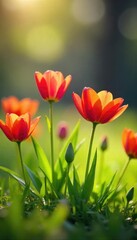 Naklejka premium Close-up of vibrant wildflowers emerging from a lush green spring meadow, bathed in the warm sunlight Delicate petals, fresh green shoots, natural beauty, springtime bloom , countryside, green