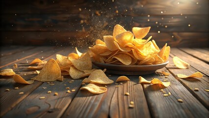 Heres the output  Crunchy potato chips scattered artfully on a rustic wooden table, inviting snacking delight
