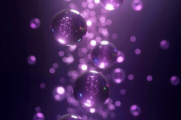 Purple glowing spheres float in dark space, surrounded by sparkling bokeh lights.