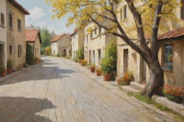 Fototapeta premium Sunlit village street, charming houses, trees casting shadows, peaceful countryside scene. Warm tones, rustic charm, serene atmosphere.