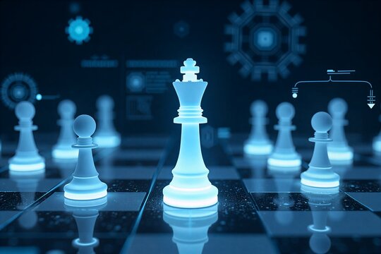 Digital chessboard with glowing king, futuristic interface, strategic gameplay in cybernetic world.