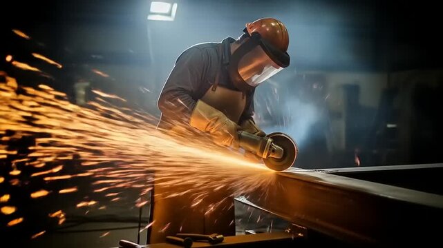 Skilled Industrial Worker Grinding Metal with Sparks Flying in a Dark Workshop.