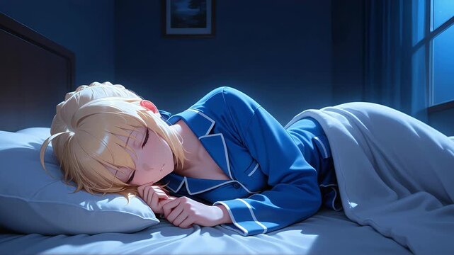 Anime girl in blue pajamas sleeping because she is tired after fighting, anime wallpaper for PC
