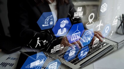 Global shipping icons show transport, loFunnelics, and cargo delivery. Global shipping connects supply chain, global shipping management, and worldwide goods distribution. Funnel