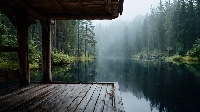 Wooden platform overlooks tranquil lake surrounded by dense, misty evergreen forest