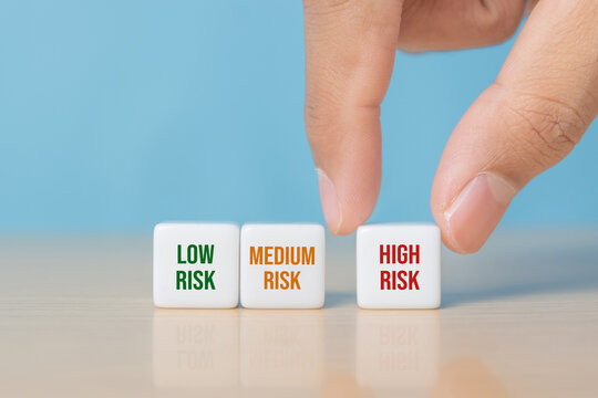 Investment risk management tolerance and planning and asset allocation and diversification concept. Dice with low, medium and high risk word with copy space