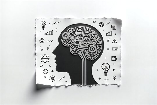 Brain silhouette filled with gears, surrounded by tech icons on torn paper  symbolizing AI and human cognition fusion.