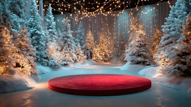 Festive winter forest scene features a central red presentation platform illuminated by warm string lights