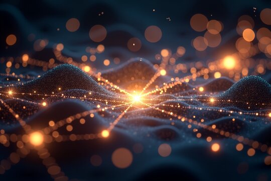 Golden particles connect in glowing waves against dark blue, creating a futuristic network of light and energy. - Powered by Adobe