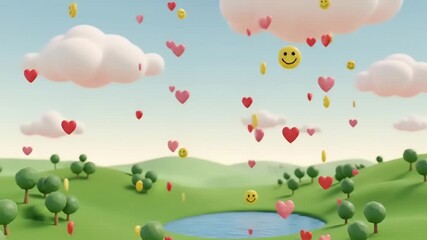 Whimsical 3D Landscape with Falling Emojis and Hearts. - Powered by Adobe