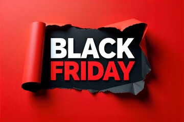 Black Friday sale revealed through torn red paper, bold white text and arrow, vibrant promotional design.