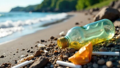 Close-up shot of discarded plastic bottles, straws, and food wrappers littering a pristine natural landscape, highlighting the environmental impact of irresponsible waste disposal , nature, grass