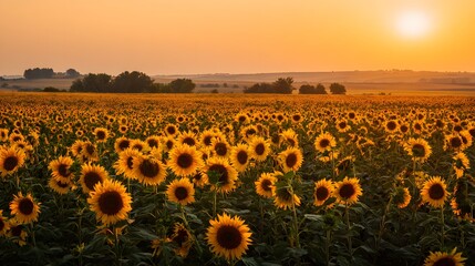 Fototapeta premium Vast field of vibrant sunflowers bathed in the warm glow of a setting sun