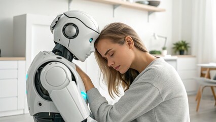 Ai mental health companion concept. Human and robot share an intimate moment in a modern setting.