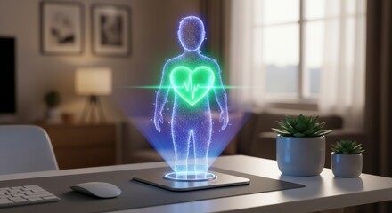 Ai mental health companion concept. Holographic representation of a human figure with a heart monitor.