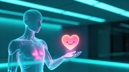 Ai mental health companion concept. A futuristic humanoid holding a glowing heart symbol in neon surroundings.