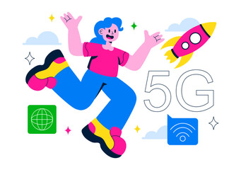 5G Network Connectivity Wireless Technology Vector Illustration Featuring Transmitter Tower Providing High-Speed Mobile Internet Communication