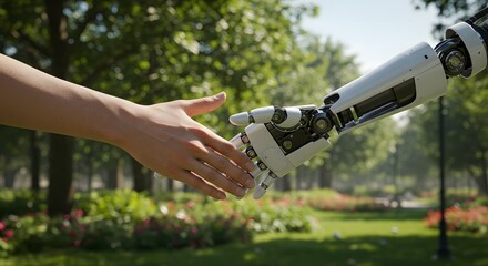 Human hand shaking a robotic hand in a lush green park, symbolizing future collaboration.