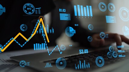 Illustrative scene showcasing modern business analytics with graphs and data visualization on a laptop. Perfect for topics in finance, technology, and strategy. Xenic