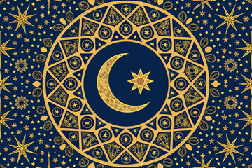 Bold Crescent Moon Inside Islamic Star Rosette Pat Premium Digital Asset Perfect for Editorial Conte