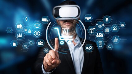 A businessman uses a virtual reality headset to explore a futuristic AI shopping interface, showcasing digital innovations in e-commerce and interactive consumer experiences. Raster