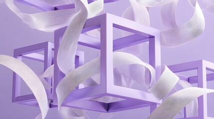 Three dimensional geometric frames interact with flowing translucent ribbons against a solid background