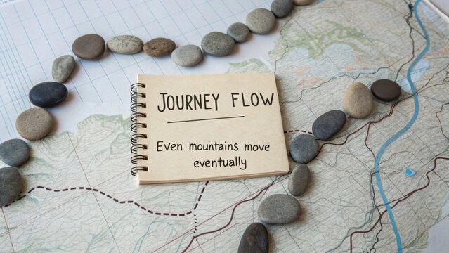 Creative Journey Flow Concept with Stones on Map and Inspirational Quote on a Notebook to Reflect Life's Path