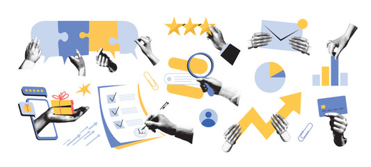Fototapeta na wymiar Business management and customer service concepts for design in a trendy halftone collage style. Hands holding charts, a magnifying glass, rating stars, a credit card, signing a contract, puzzle icons