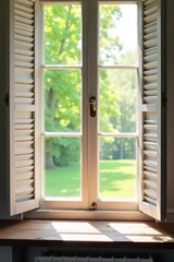 Fototapeta premium Sunlight streams through closed white shutters onto a rustic wooden windowsill, casting dappled shadows Perfect for home decor, interior design, and spring themes , decor, home, rustic