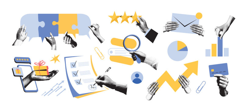 Business management and customer service concepts for design in a trendy halftone collage style. Hands holding charts, a magnifying glass, rating stars, a credit card, signing a contract, puzzle icons