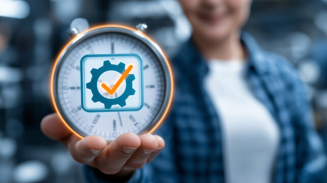 Time Efficiency and Process Automation Concept with Stopwatch.
A hand presents a stopwatch with a gear and checkmark icon, symbolizing productivity, automation, quality control - Powered by Adobe