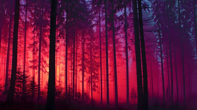 Tall evergreen trees glow vividly within a dense forest illuminated by strong reddish light