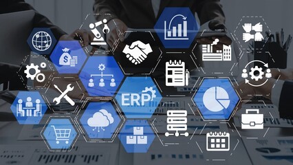 ERP icons show management, integration, and business process. ERP supports data management, ERP efficiency, and ERP organizational solutions. Funnel