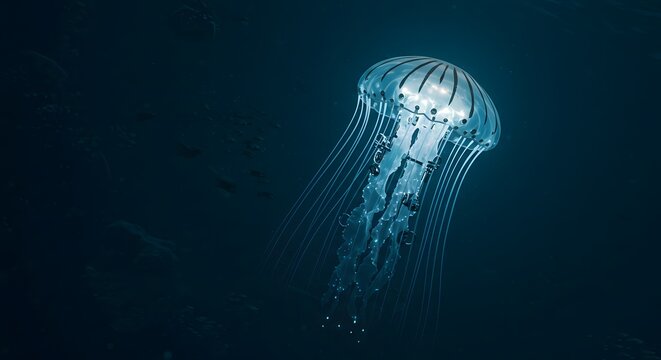 A beautiful translucent jellyfish with glowing internal structures gracefully swims in the deep dark blue ocean water, its delicate tentacles trailing below.
