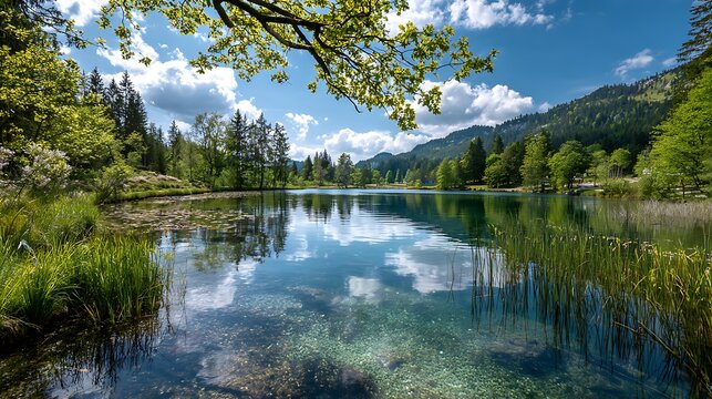 Crystal Clear Lake with Trees and Reeds Reflecting a Sunny Blue Sky