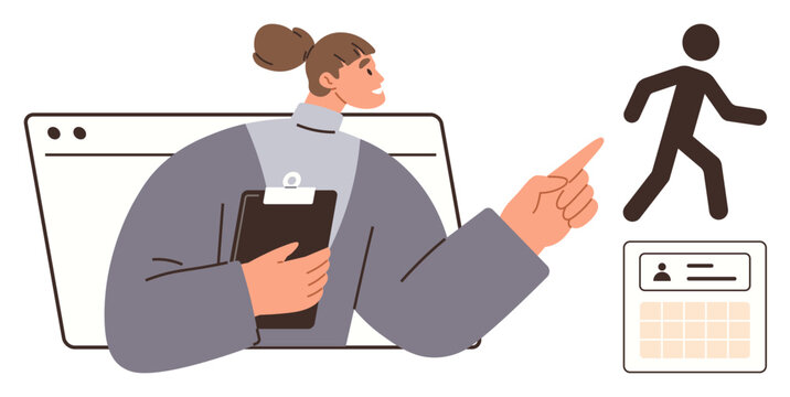 Woman holding clipboard pointing to task initiation icon with digital ID card and tools. Ideal for management, workflow, organization, leadership, task delegation, productivity, simple flat metaphor