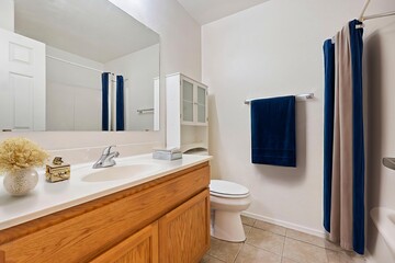 In a bathroom, you will find a sink, a toilet, a mirror, and a shower curtain